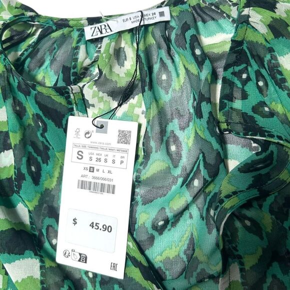 NWT Zara Green Printed Long Sleeve Blouse Ruffle Sleeves Size Small Vneck Top - Picture 5 of 7